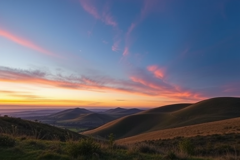 Create an image of a serene landscape featuring rolling hills and a vibrant sunset sky using a DSLR camera with a 24mm lens, aperture f/8, shutter speed 1/125 sec, ISO 200, shot from a wide-angle view to capture depth and detail in high resolution.