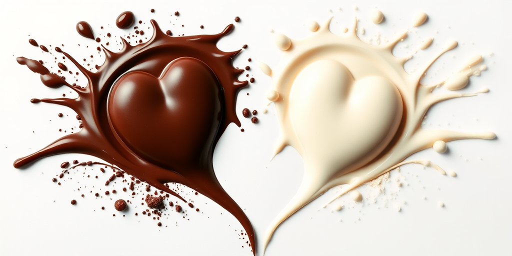 Create an image of a heart shape made from splashes of dark chocolate on the left and white chocolate on the right, using a high-resolution camera with a shallow depth of field, 50mm lens, f/2.8 aperture, and a softbox for even lighting.