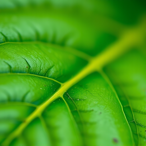 Create a close-up photograph of a green leaf with detailed texture and vibrant color using a DSLR camera, aperture f/2.8, ISO 100, and a macro lens at a 45-degree angle for a soft background blur.