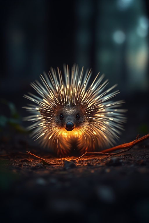 Regenerate the image of a luminous porcupine in a mystical forest environment with soft bokeh background, using a DSLR camera with a 50mm lens, f/1.8 aperture, ISO 200, and natural lighting to enhance clarity and detail.