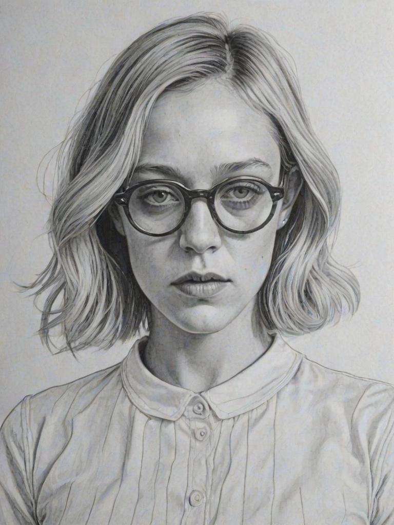 Pleasing Chloe Sevigny, pencil sketch, portrait of Fascinating woman 1975s in glasses, hair style beatnik, outline, clear lines, fine lines, 8k