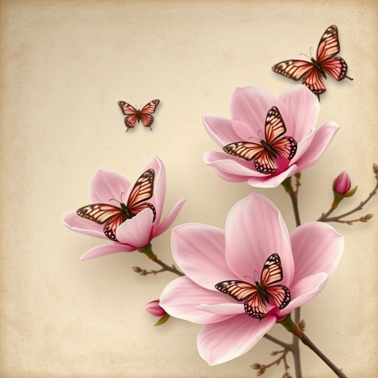 Create a vintage postcard design featuring delicate pink magnolia flowers and butterflies on a textured background with soft lighting, using a DSLR camera, 50mm lens, aperture f/2.8, ISO 100, shot from a top-down view, focusing on floral details.