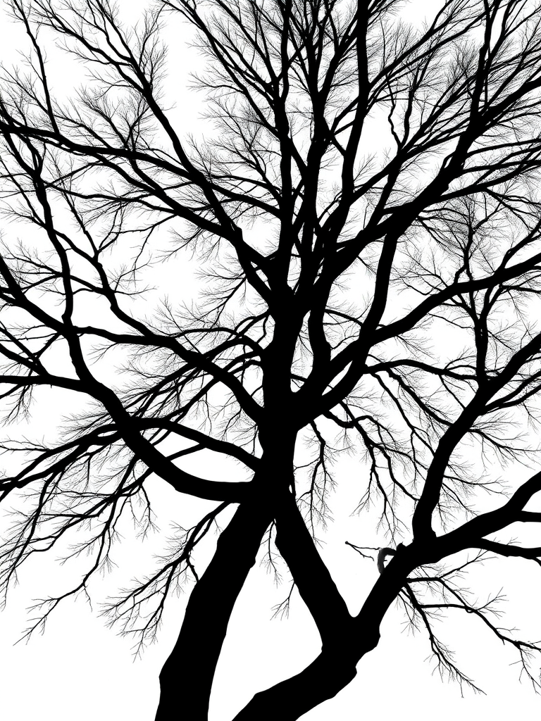 Create a high-resolution image of a minimalist black silhouette of a tree with detailed branches against a white background, using a DSLR camera at f/2.8 aperture, ISO 100, with a 50mm lens, taken from a low angle to emphasize height and depth.