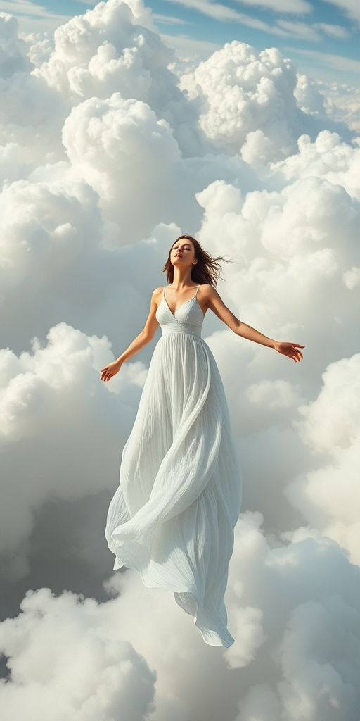 Create a surreal image of a woman in a flowing white dress floating amidst ethereal clouds, captured with a Canon EOS R5, 50mm lens, f/1.8 aperture, ISO 100, using a soft focus style in natural soft lighting to enhance the dreamlike quality.