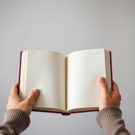 Hands holding an open blank book, shallow depth of field with a soft focus background, aperture f/2.8, ISO 100, 50mm lens, soft studio lighting.
