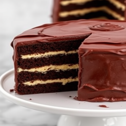 A rich chocolate cake with a glossy chocolate frosting, showcasing multiple layers of moist chocolate sponge and creamy white filling, elegantly presented on a white cake stand with a marble background.