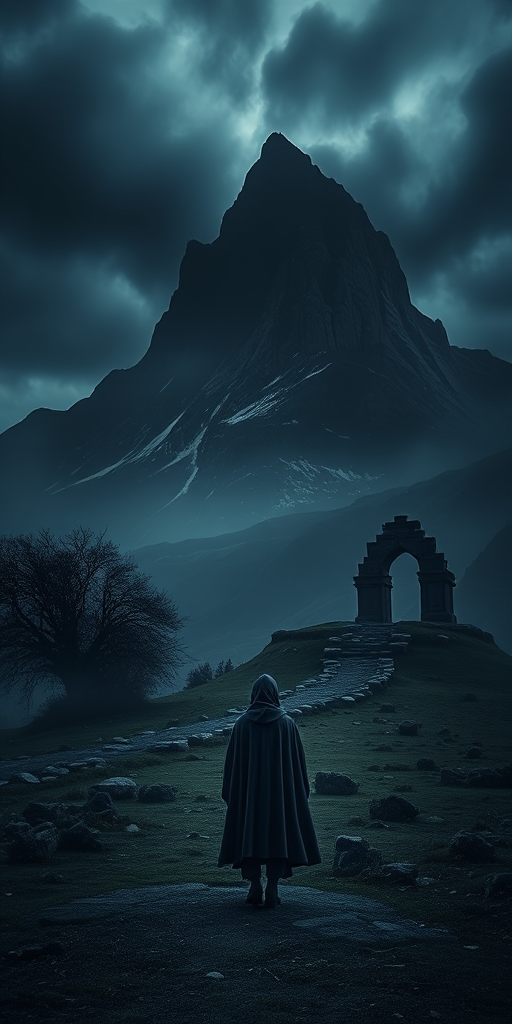 Generate a dark fantasy landscape with a figure in a cloak facing a looming mountain and an ancient structure, using a Canon EOS R5 with a 24-70mm lens, aperture f/8, shutter speed 1/125, ISO 100, capturing a dramatic low angle view with enhanced contrast and moody atmosphere.