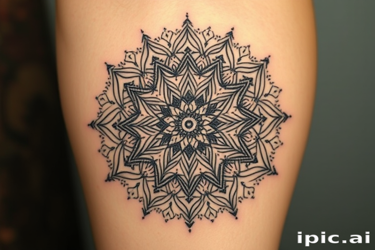 Dotwork mandala tattoo named "Cosmic Meditation" creating intricate geometric patterns and sacred symbols using thousands of tiny dots in varying densities