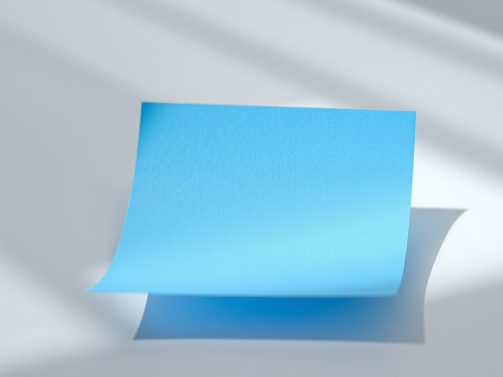 Create a high-resolution image of a slightly tilted blank blue piece of paper with soft shadows, using a Canon EOS R5 with a 24-70mm f/2.8 lens, aperture set to f/4, ISO 100, and a focal length of 50mm, natural soft lighting to enhance color vibrancy.