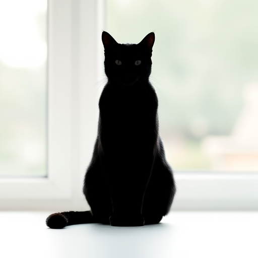 Generate a high-quality image of a minimalist black silhouette of a cat sitting, captured with a Canon EOS R5, 50mm lens, f/1.8 aperture, ISO 100, in soft natural light from a large window, with a clean white background and a shallow depth of field to emphasize the silhouette.