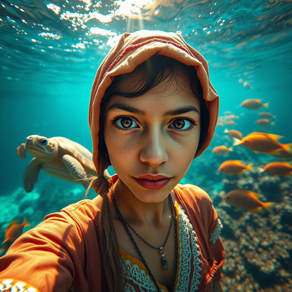 Realistic selfie image of a Guarani, wearing a vintage outfit, detailed dreamy eyes, droopy hooded eyes, staring at the camera, taken underwater at coral reef with a sunbeam filtering through the water, vibrant, summer vacation, natural lighting, turtle and school of tropical fish with vibrant colors, rendered in the style of CryEngine, Pegi Nicol MacLeod, with realistic genre scenes, hauntingly beautiful narratives, ultra-realism, and Thomas Saliot's close-up technique, 8K resolution, crystal clear and sparkling water.