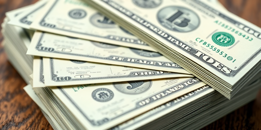 Create a high-resolution image of five stacks of green dollar bills arranged slightly overlapping, captured from a top-down view with a DSLR camera set to a 50mm lens, f/2.8 aperture, ISO 100, and using natural light for enhanced color vibrancy and detail.