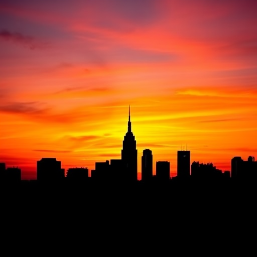Generate a high-quality image of a black silhouette of a city skyline during sunset with vibrant orange and purple sky, using a DSLR camera with a 50mm lens, f/2.8 aperture, ISO 100, and a wide-angle view.