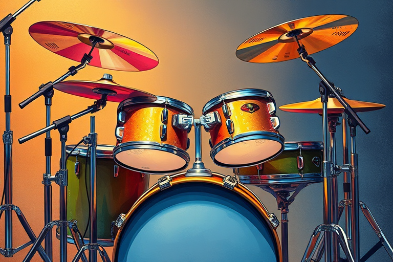 Create a detailed illustration of a drum set with vibrant colors and texture, captured with a DSLR camera at f/4 aperture, 1/125 sec shutter speed, ISO 200, in a slight angle view to highlight the drums and cymbals, with a soft focus background for enhanced image quality.