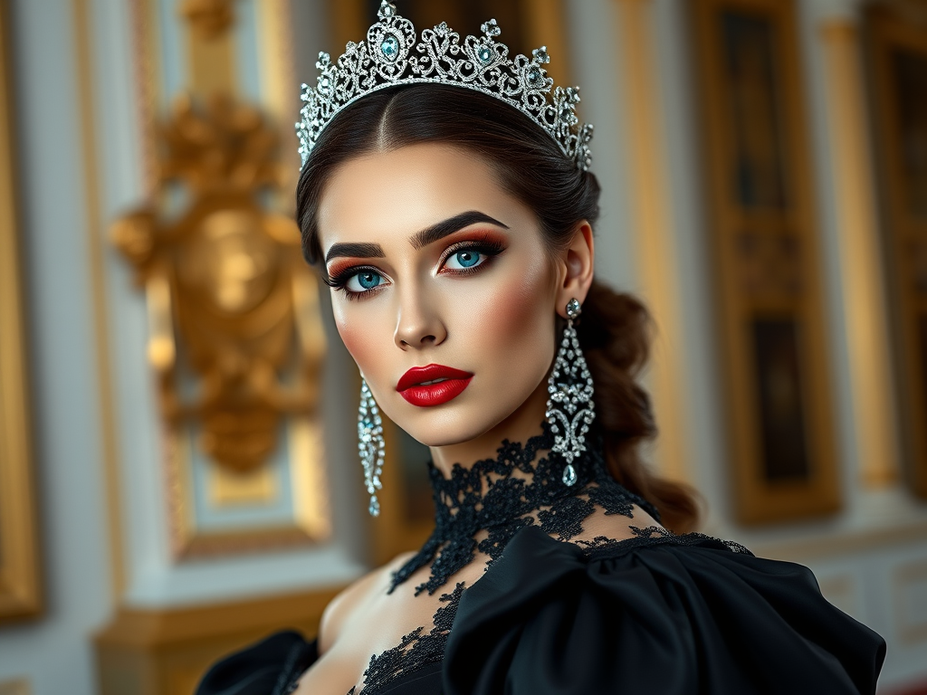 A gorgeous Azerbaijani woman in a luxurious black gown, accessorized with a dazzling tiara and statement earrings, her deep cyan eyes highlighted by impeccable makeup, poised in a royal setting, photorealistic, 8K quality