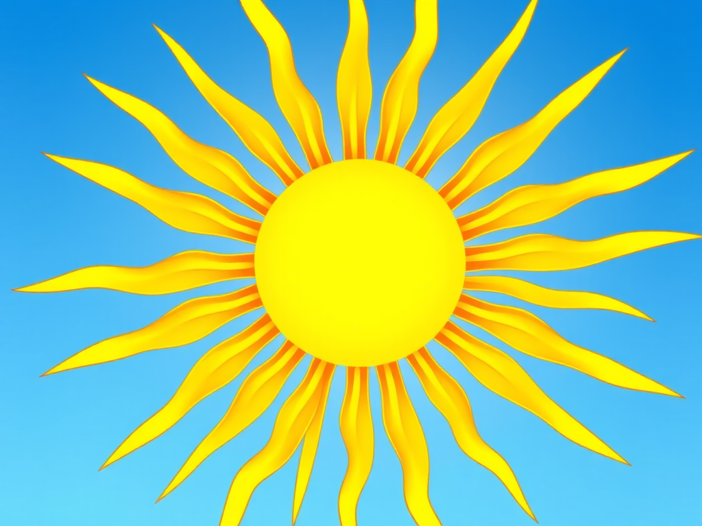 Create a vibrant illustration of a sun with rays extending outward, bright yellow color, high resolution, captured with a DSLR camera at f/8 aperture, ISO 100, 1/200 sec shutter speed, using a macro lens for enhanced detail, in a clear blue sky background.