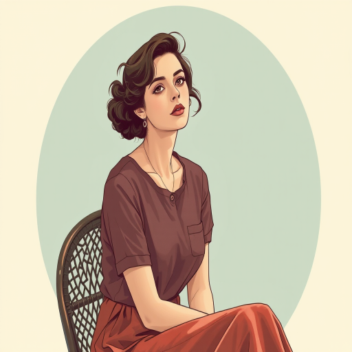 Generate a high-resolution vintage illustration of a woman seated with a circular background, soft focus, shallow depth of field, 50mm lens, f/2.8 aperture, ISO 100, natural lighting, studio setting, with enhanced contrast and detail in textures.
