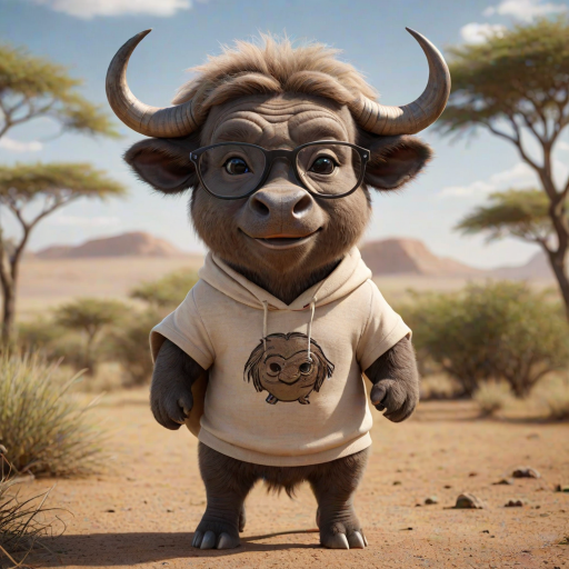 Hyperrealistic 3D render of a smiling cartoon Cape Buffalo wearing glasses and a beige t-shirt with a smaller buffalo image printed on it, missing some teeth, set against a blurred African savanna background, detailed fur, 8k resolution, octane render, artstation trending.