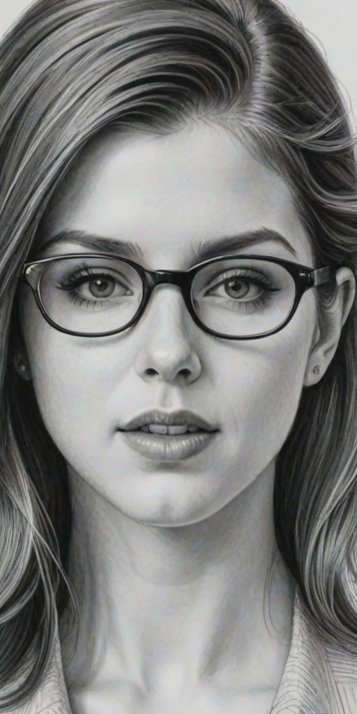 Fetching Anna Kendrick, pencil sketch, portrait of Delightful woman 1942s in glasses, hair style beatnik, outline, clear lines, fine lines, 8k