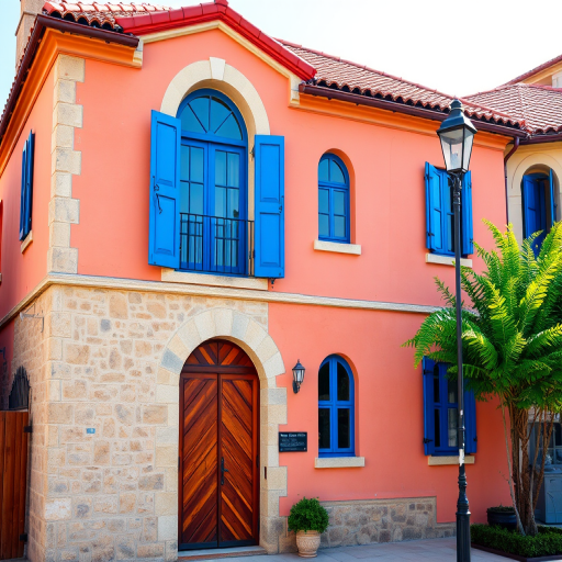 A vibrant two-story house with arched windows and a red tile roof, featuring stone walls, blue windows, wooden door with a zigzag pattern, and a street lamp beside it, captured in high-resolution with a DSLR camera, f/8 aperture, ISO 100, and 50mm lens, natural lighting for enhanced color saturation.