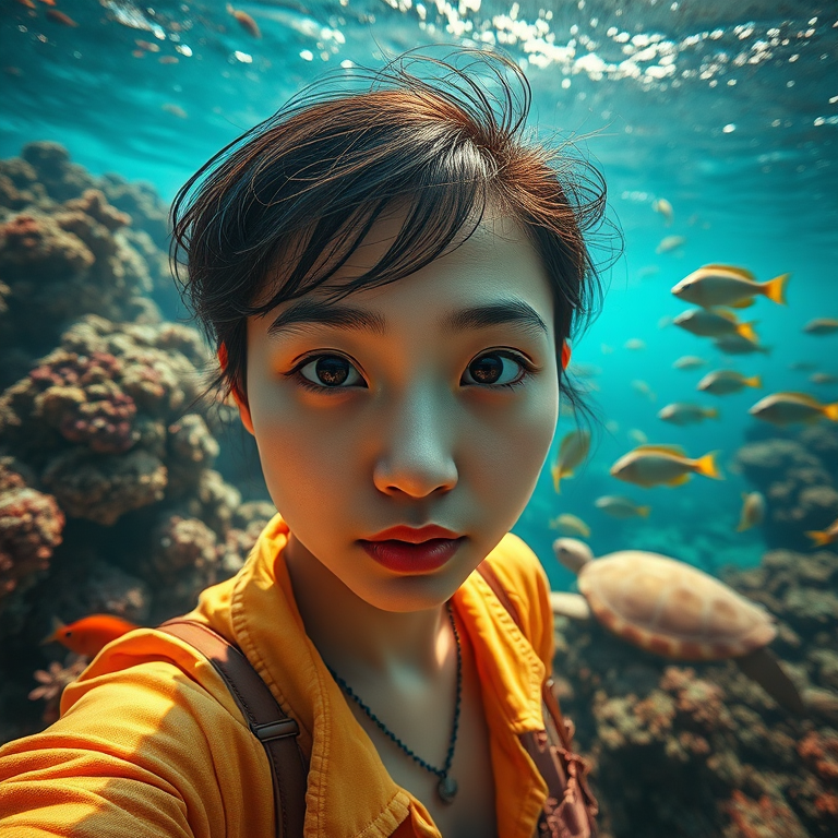 Realistic selfie image of a Asian, wearing a vintage outfit, detailed dreamy eyes, droopy hooded eyes, staring at the camera, taken underwater at coral reef with a sunbeam filtering through the water, vibrant, summer vacation, natural lighting, turtle and school of tropical fish with vibrant colors, rendered in the style of CryEngine, Pegi Nicol MacLeod, with realistic genre scenes, hauntingly beautiful narratives, ultra-realism, and Thomas Saliot's close-up technique, 8K resolution, crystal clear and sparkling water.