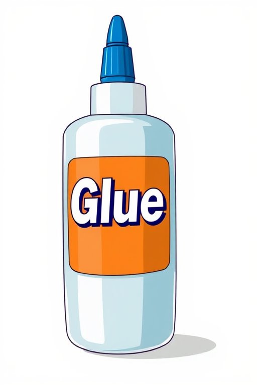 create a high-resolution illustration of a glue bottle with an orange label and blue cap, photographed from a slight angle to highlight the label, using a DSLR camera with a 50mm lens, f/2.8 aperture, ISO 100, and natural lighting for enhanced color vibrancy.