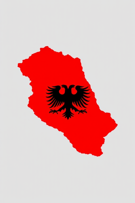 Create an image of the map of Albania filled with a solid red color, featuring a detailed black double-headed eagle emblem in the center, shot with a DSLR camera at f/8 aperture, 35mm lens, ISO 100, in high-resolution style.