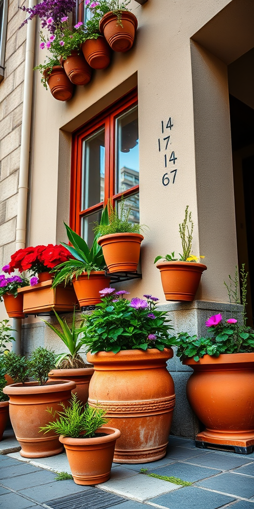Capture a low-angle shot of a building facade adorned with terracotta pots, filled with vibrant flowers and greenery, using a DSLR camera with a 50mm lens, aperture set to f/2.8, ISO 200, and a shutter speed of 1/125s for enhanced detail and color vibrancy.
