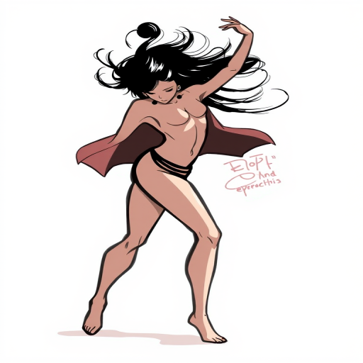 Create a high-resolution digital illustration of a stylized human figure in a dynamic dance pose, captured with a DSLR camera at f/2.8 aperture, ISO 100, 50mm lens, natural lighting, slightly above eye level for an energetic perspective.