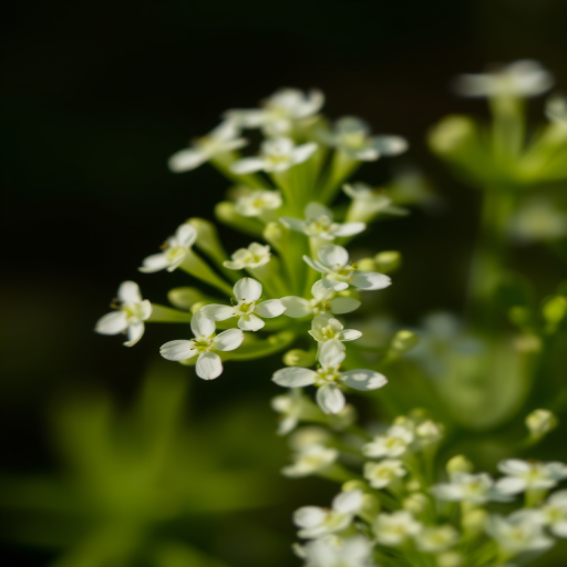 Close-up shot of delicate white flowers with green foliage, shallow depth of field, f/2.8 aperture, ISO 100, 50mm lens, natural light, macro photography.