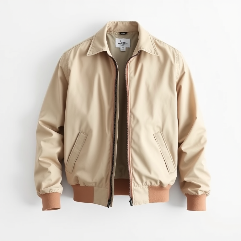 Create a high-resolution image of a plain jacket on a white background, using a Canon EOS 5D Mark IV, ISO 100, f/8, shutter speed 1/125s, 50mm lens, front view, natural lighting, soft focus style.