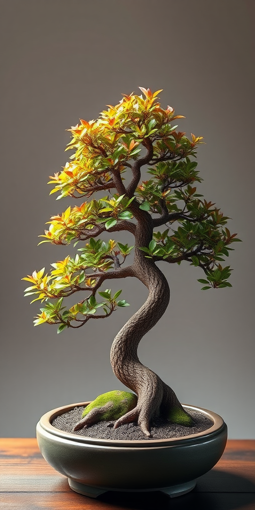 Create a high-resolution illustration of a bonsai tree with intricate details, natural colors, and a minimalistic background, captured with a DSLR camera at f/8 aperture, 50mm lens, ISO 100, and a soft focus effect.