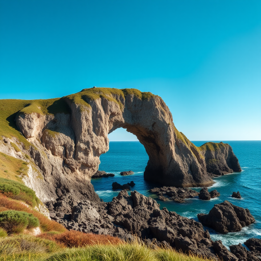 landscape of a rocky coastal arch with green cliffs under a clear blue sky, captured with a Canon EOS 5D Mark IV, aperture f/8, ISO 200, shutter speed 1/250s, wide-angle lens, daylight, high resolution, vibrant colors, depth of field focus on the arch