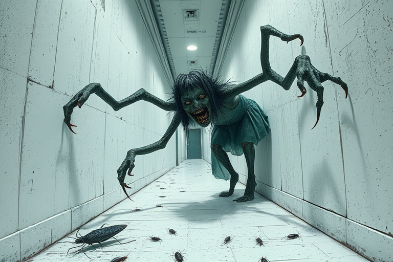 a crooked female with long arms and a creepy smile is crawling along a long white corridor and you can also see cockroaches in it there is a creepy atmosphere creepy art style