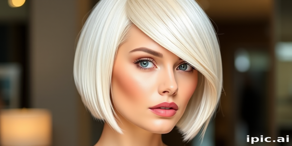 Elegant hair style showcasing a sleek platinum blonde bob with razor-sharp edges and a subtle side-swept fringe framing the face beautifully