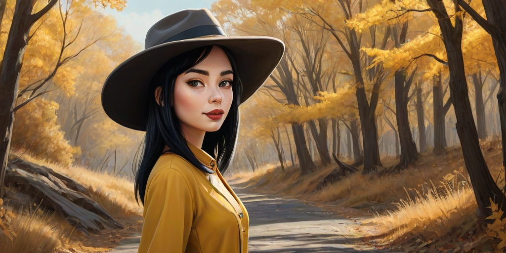 digital art fantasy depicting a strange girl with black hair, long eyelashes, Yellow lipstick and a tall hat walking along a winding road on an autumn afternoon, an Numbat smiles as she passes