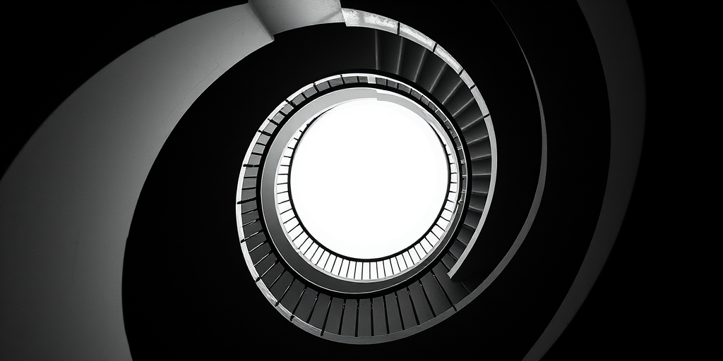high contrast black and white image of a spiral staircase, shot from a high angle perspective, using a Canon EOS R5 with a 24-70mm f/2.8 lens, aperture set to f/4, ISO 100, shutter speed 1/125 sec, capturing the curves and shadows for enhanced depth and texture