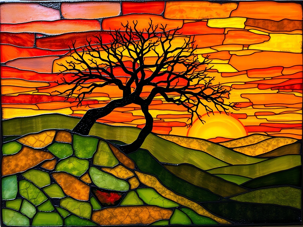 A vibrant abstract painting on Tiffany Glass, blending acrylic and alcohol ink techniques, captures a dramatic sunset over rolling hills. The artwork features a textured, rocky foreground in green and brown, layered abstract hills, and a striking sunset in rich oranges, yellows, and reds. A solitary black tree with intricate branches contrasts against the fiery sky, creating a dynamic and expressive portrayal of a breathtaking natural scene.