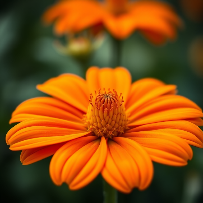 macro shot of a vibrant orange flower with detailed petals and center, f-stop 2.8, shutter speed 1/100, ISO 200, 100mm macro lens, soft focus background, natural lighting, DSLR camera