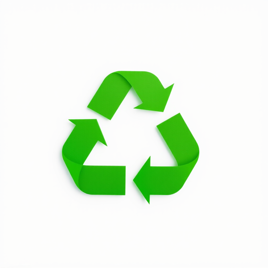 Generate a high-resolution image of a green recycling symbol with a clean background, camera settings set to f/8 aperture, ISO 100, shutter speed 1/200, shot from a top-down view with a DSLR camera in a minimalistic style.