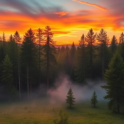 A high-resolution image of a serene forest landscape during sunrise, capturing vivid colors in the sky and soft mist rising from the ground, shot with a Canon EOS 5D Mark IV at f/8, 1/125s, ISO 100, using a wide-angle lens, with a focus on depth and clarity.