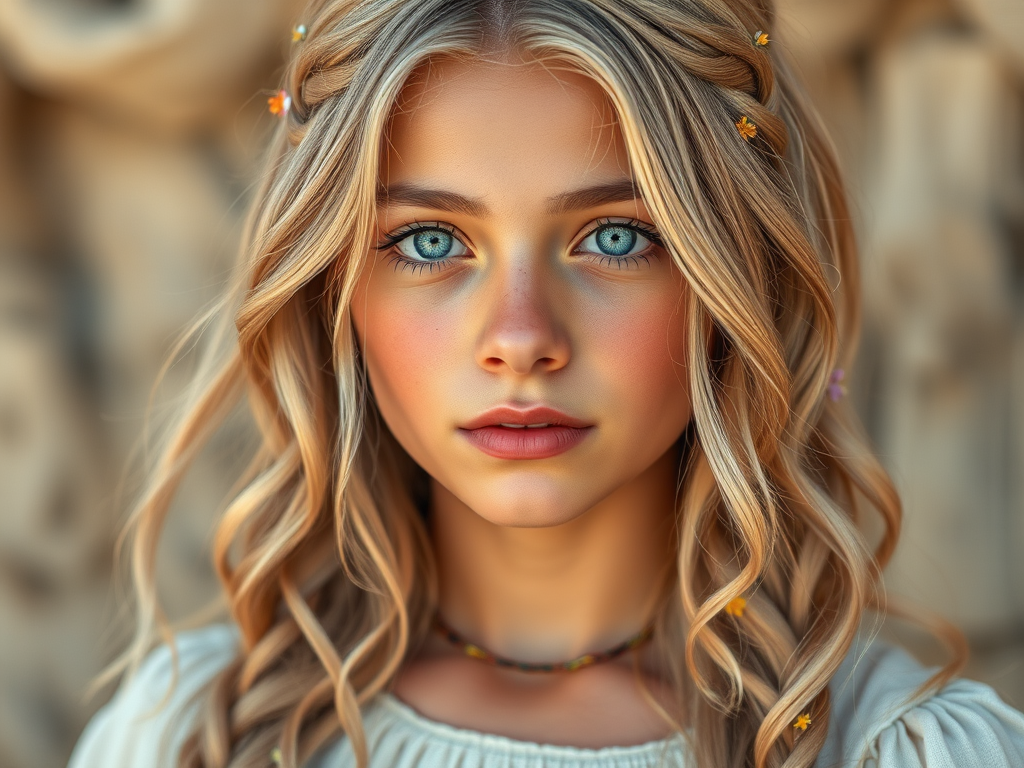 Create an image of a young Sahrawi woman with long, wavy blonde hair, adorned with small, colorful flowers woven into her braids and loose strands. Her complexion is fair, with soft, glowing skin, and she has light blue eyes that gaze softly at the viewer. She wears a light, flowing dress with a gentle, ethereal quality, complementing her delicate and serene appearance. The background is slightly blurred, drawing focus to her tranquil expression and the intricate details of the flowers in her hair. The overall mood of the image is one of natural beauty and grace, evoking a sense of peacefulness and connection with nature.