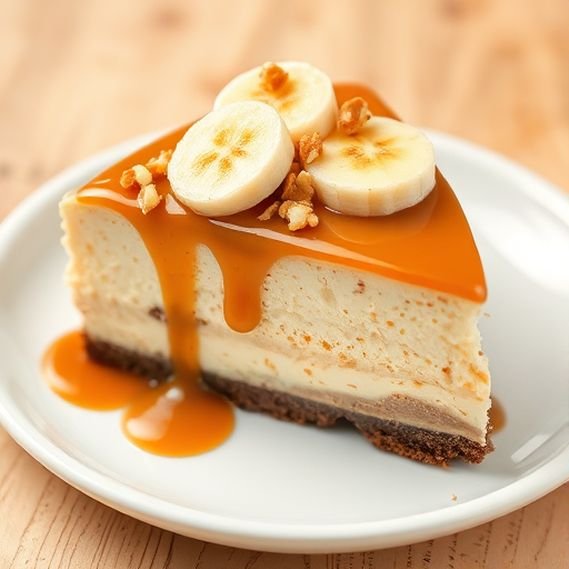 Create an image of a slice of banana caramel cheesecake with a smooth caramel topping drizzled over it topped with banana slices and chopped nuts on a white plate. The cheesecake should have a layered appearance with a chocolate crust and creamy filling.