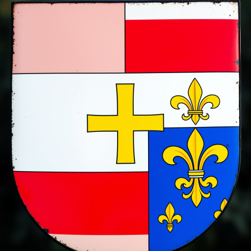 Create a high-resolution image of a heraldic shield quartered with red and white stripes, a central white field with a large yellow cross, and a blue field adorned with golden fleurs-de-lis, captured with a DSLR camera at f/8 aperture, ISO 100, 50mm lens, natural lighting, front view for enhanced clarity and detail.