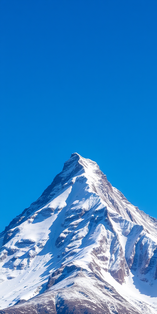 high-resolution image of a snow-capped mountain peak under a clear blue sky, shot with a DSLR camera, aperture f/8, shutter speed 1/2000 sec, ISO 100, focal length 50mm, wide-angle view for enhanced depth, natural lighting to highlight textures and details