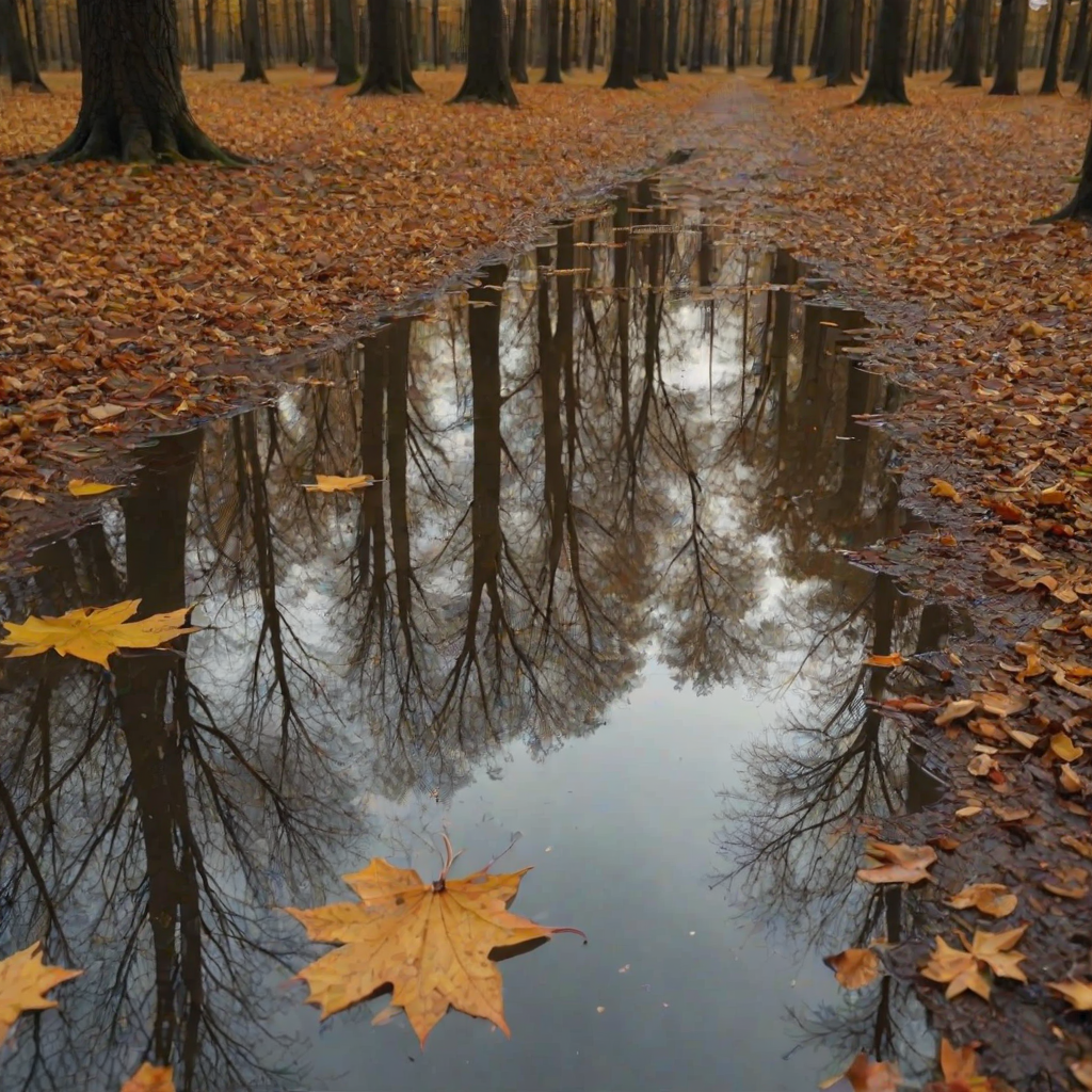 trees reflecting in a puddle of water mirror of trees, a cloudy sky with golden light, low grip, autumn atmosphere, dead leaves in the puddle, 4k
