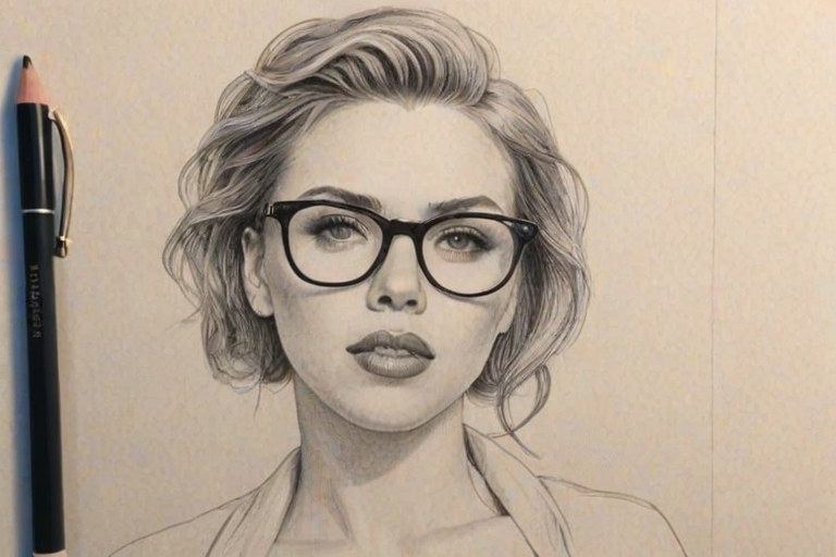 Attractive Scarlett Johansson, pencil sketch, portrait of Stunning woman 1963s in glasses, hair style beatnik, outline, clear lines, fine lines, 8k