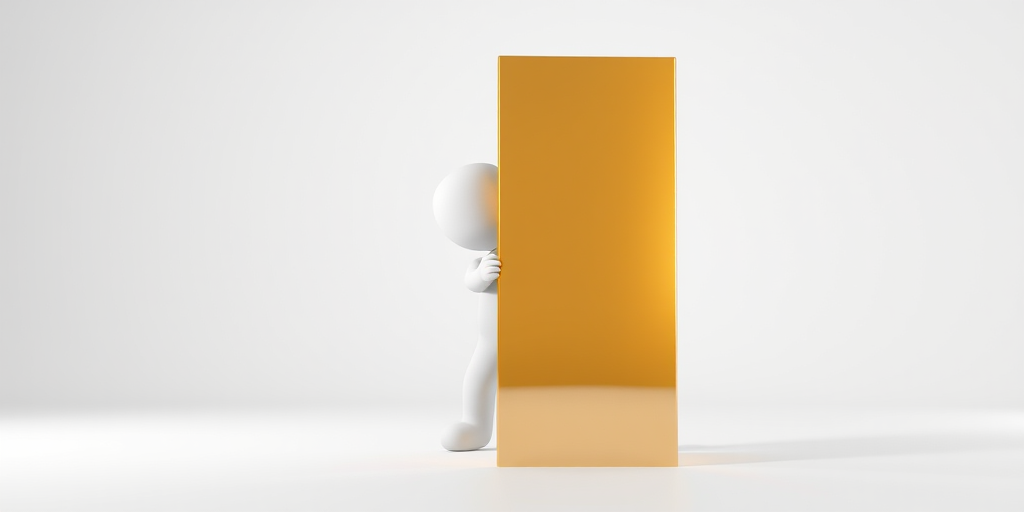Create a high-resolution 3D render of a minimalistic white figure playfully peeking from behind a tall, shiny gold rectangular bar in a bright, evenly lit studio environment, using a Canon EOS R5 at f/8, ISO 100, and a 24mm lens, with a focus on depth of field to enhance details and reflections.