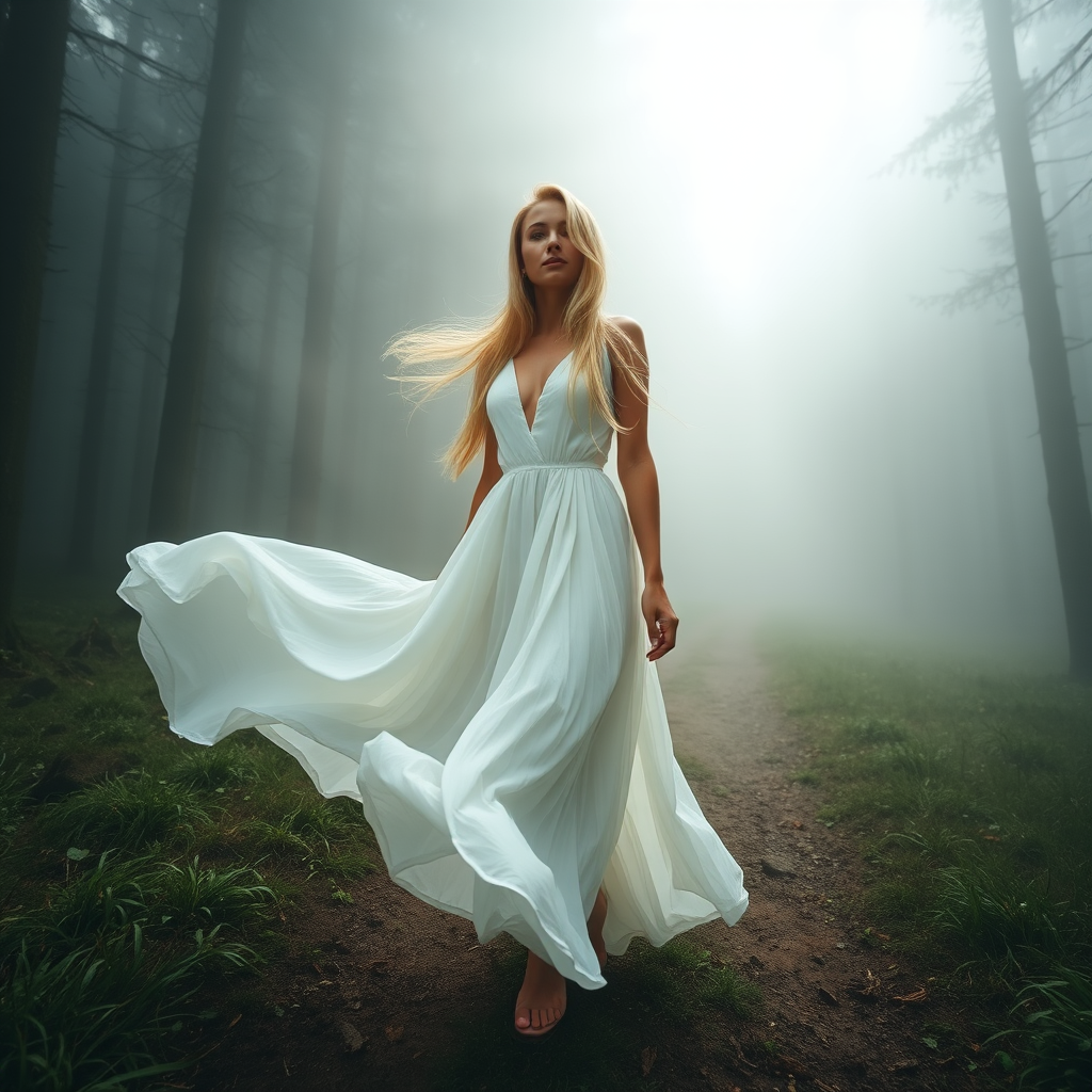 A wide-angle shot of a blonde woman standing on a misty forest path, wearing a flowing white dress. The rich fabric of her skirt billows gently in the wind, while her long blonde hair flows freely in the same breeze. The surrounding forest is enveloped in soft mist, creating a dreamy and ethereal atmosphere. Above her, the sunlight gently breaks through the fog, casting a faint glow over the scene. The woman's serene posture and the soft, natural light create a peaceful and mystical mood.