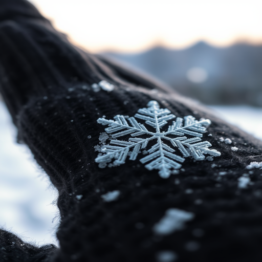 Sharp, detailed close-up of a single snowflake on a dark woolen glove, its intricate patterns illuminated by soft winter light, with distant snow falling gently in the background.